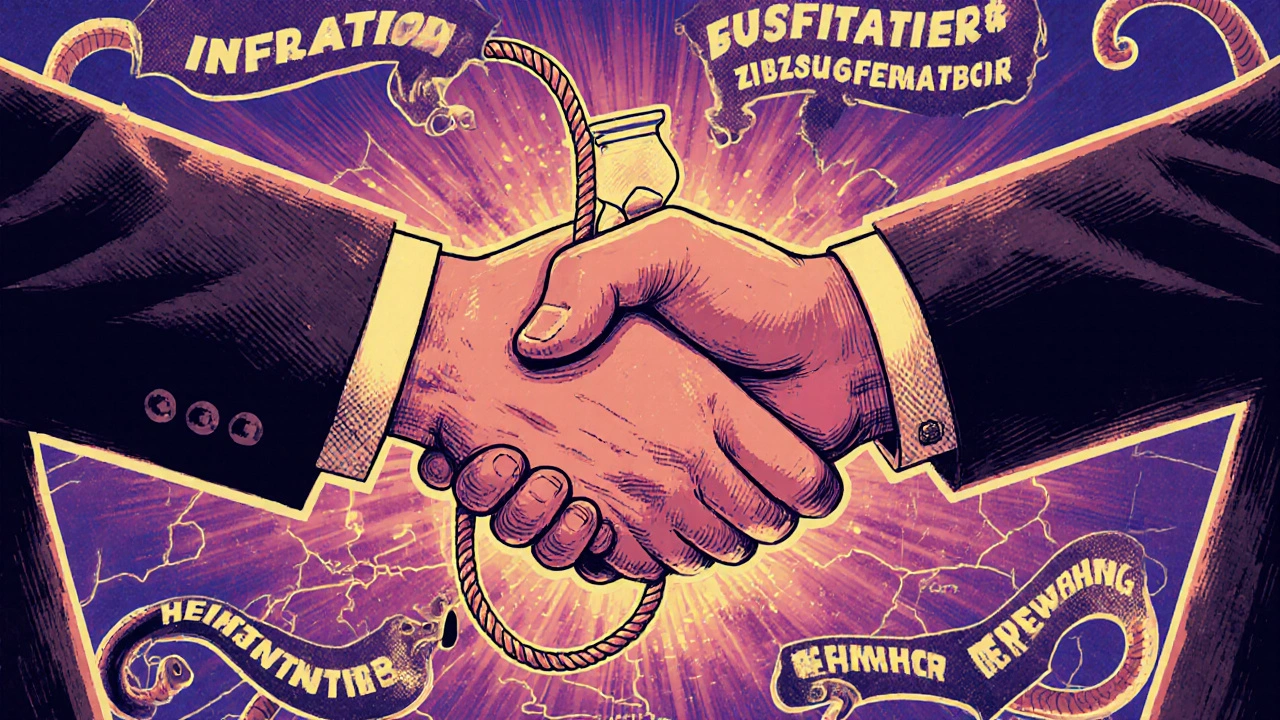 Handschlag als Sanduhr mit 10 Jahren, Deutschlandkarte mit Hotspots, juristische Begriffe als Schlangen in Vintage-Design.