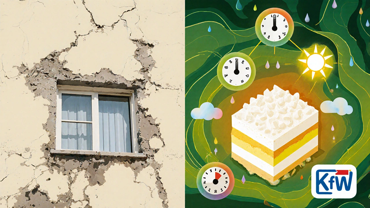 Vergleich: alte, schadhaße Fassade links, moderne WDVS-Dämmung rechts in organischen Farben.