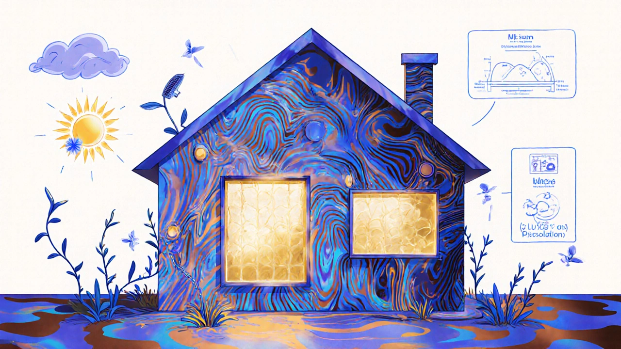 Zukünftige intelligente Fassade mit integrierter Photovoltaik und pulsierenden Energie-Strömen.