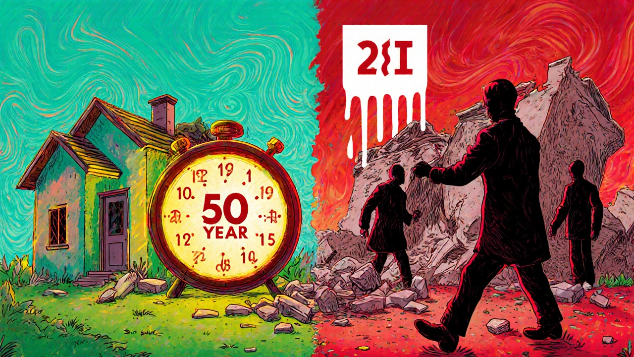 Zwei Seiten eines Hauses: eine intakt mit 50 Jahren, die andere zerfällt bei 20 Jahren, Banken wenden sich ab.