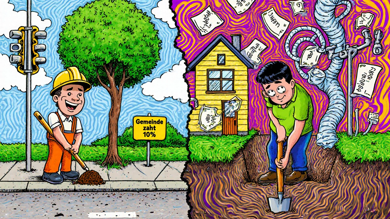 Aufteilung der Erschließungskosten: Gemeinde vs. Eigentümer in bunter, wellenförmiger Illustration.