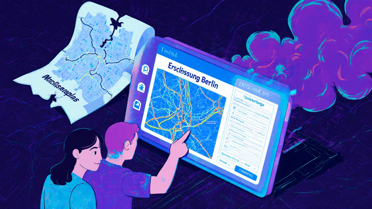 Digitales Planungsportal zeigt Erschließungsleitungen, während alte Papierpläne verschwinden.