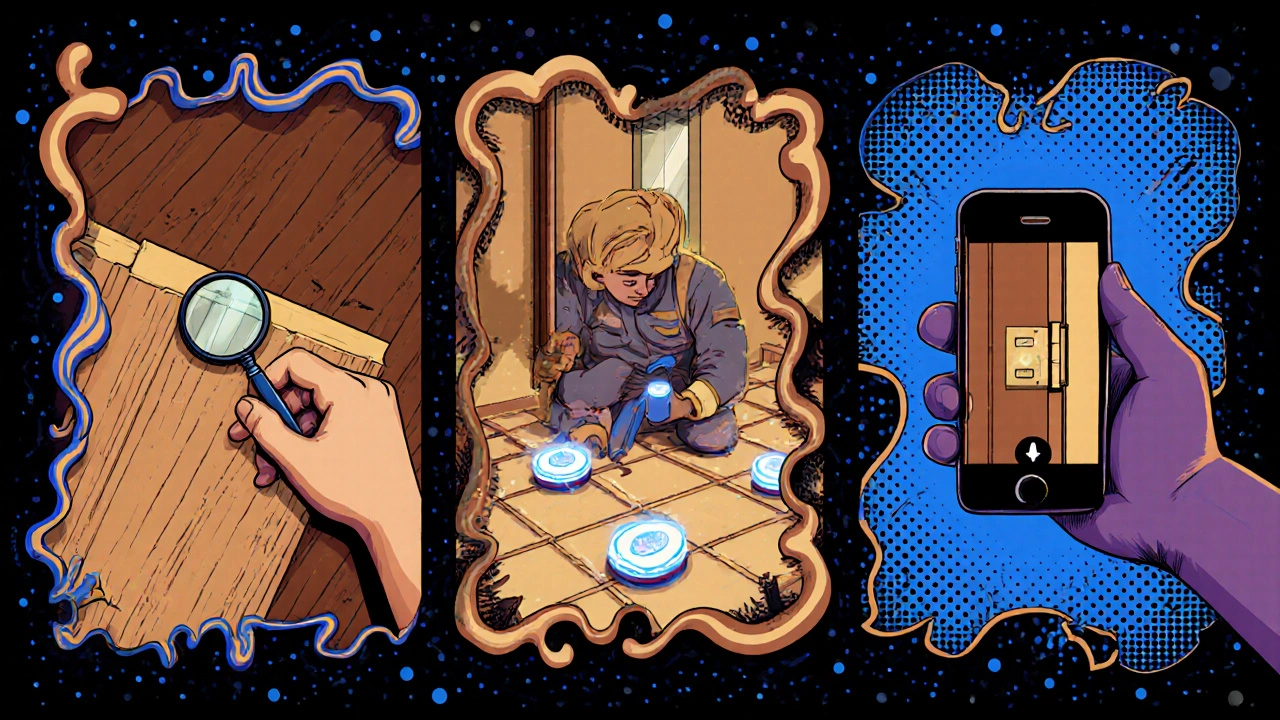 Drei Szenen zeigen die Qualitätskontrolle beim Heimwerken: Materialprüfung, Zwischenkontrolle und Dokumentation mit Abstandshaltern.