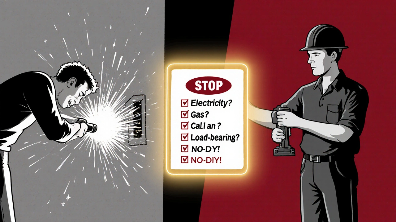 Ein DIY-Bauer bohrt in einer tragenden Wand, während ein Profi mit Sicherheitsschild dazwischen tritt – die Grenze zwischen Eigenleistung und Fachmann.