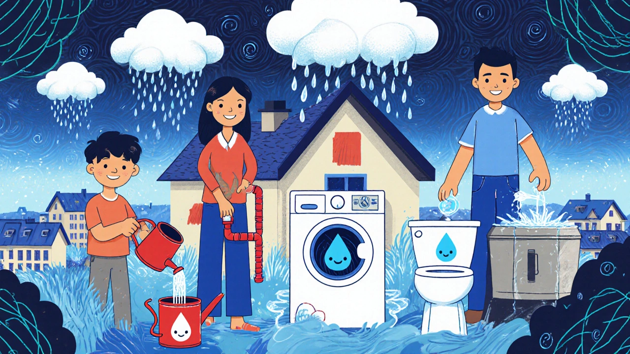 Familie nutzt Regenwasser zum Gießen, Waschen und Spülen, rote Leitungen und blühender Garten im Psychedelic-Look.