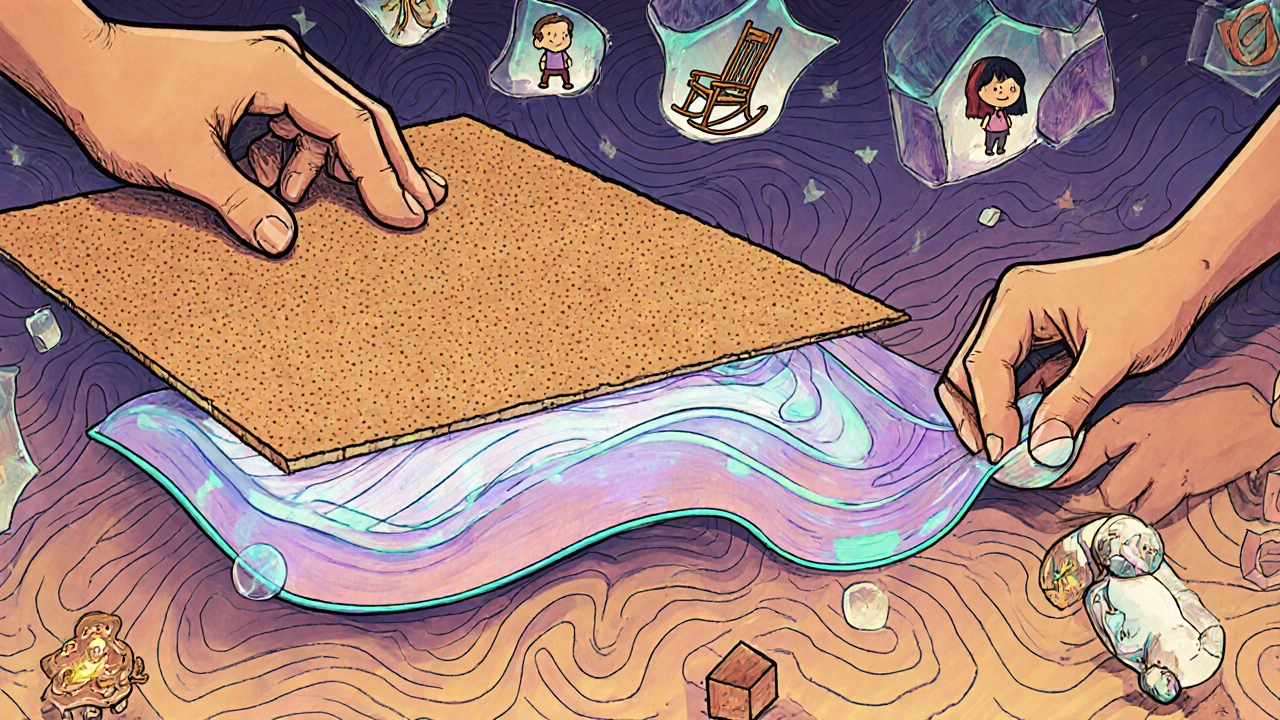 Schritt-für-Schritt-Installation von Korkdämmung mit leuchtenden Klebebändern und ruhigen Haushaltsobjekten darüber.