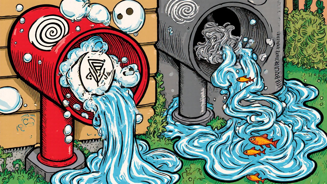 Zwei getrennte Rohrsysteme: rotes Regenwasser und graues Abwasser mit Seifenblasen, in psychedelischem Stil.