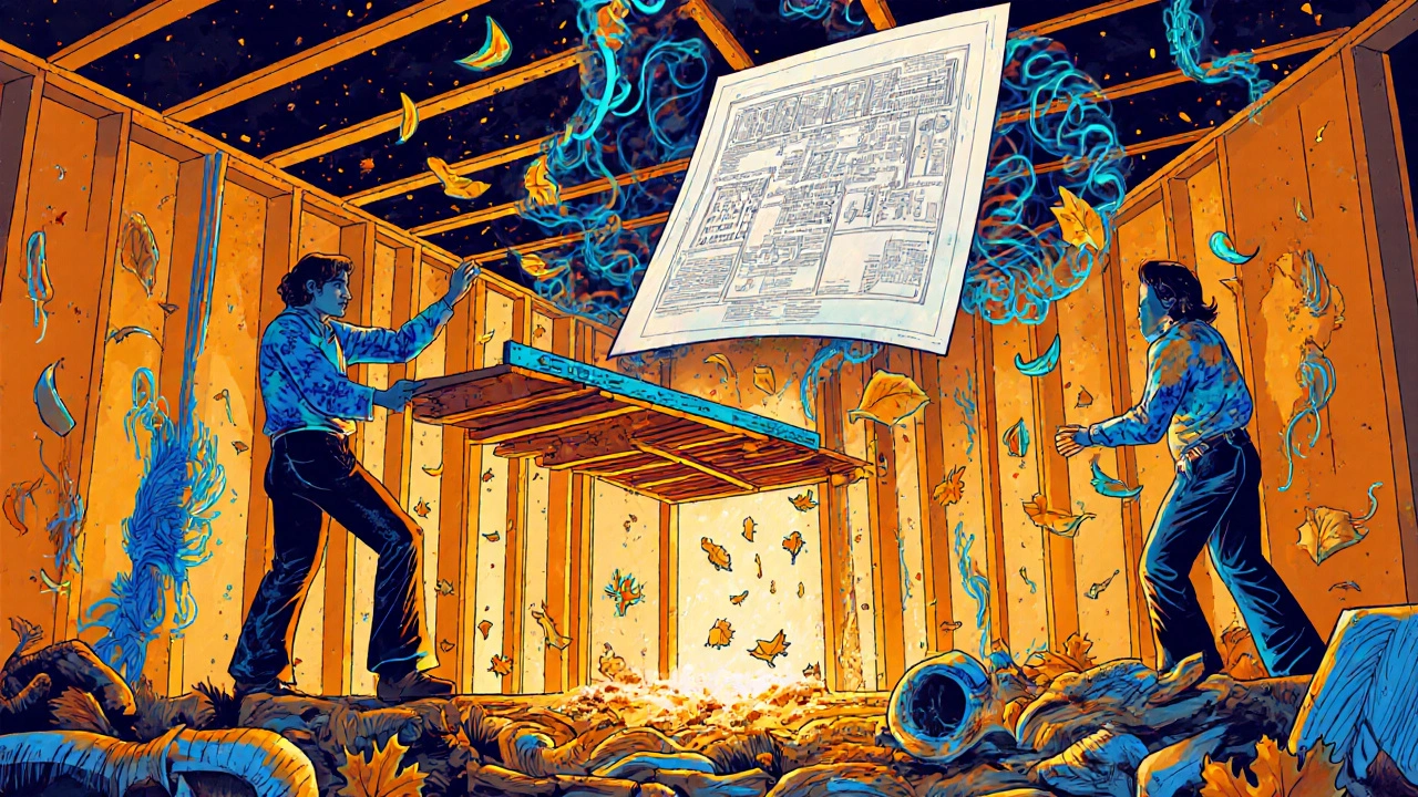 Arbeiter bauen eine moderne Wand mit digitalen Plänen, während alte Materialien verschwinden.