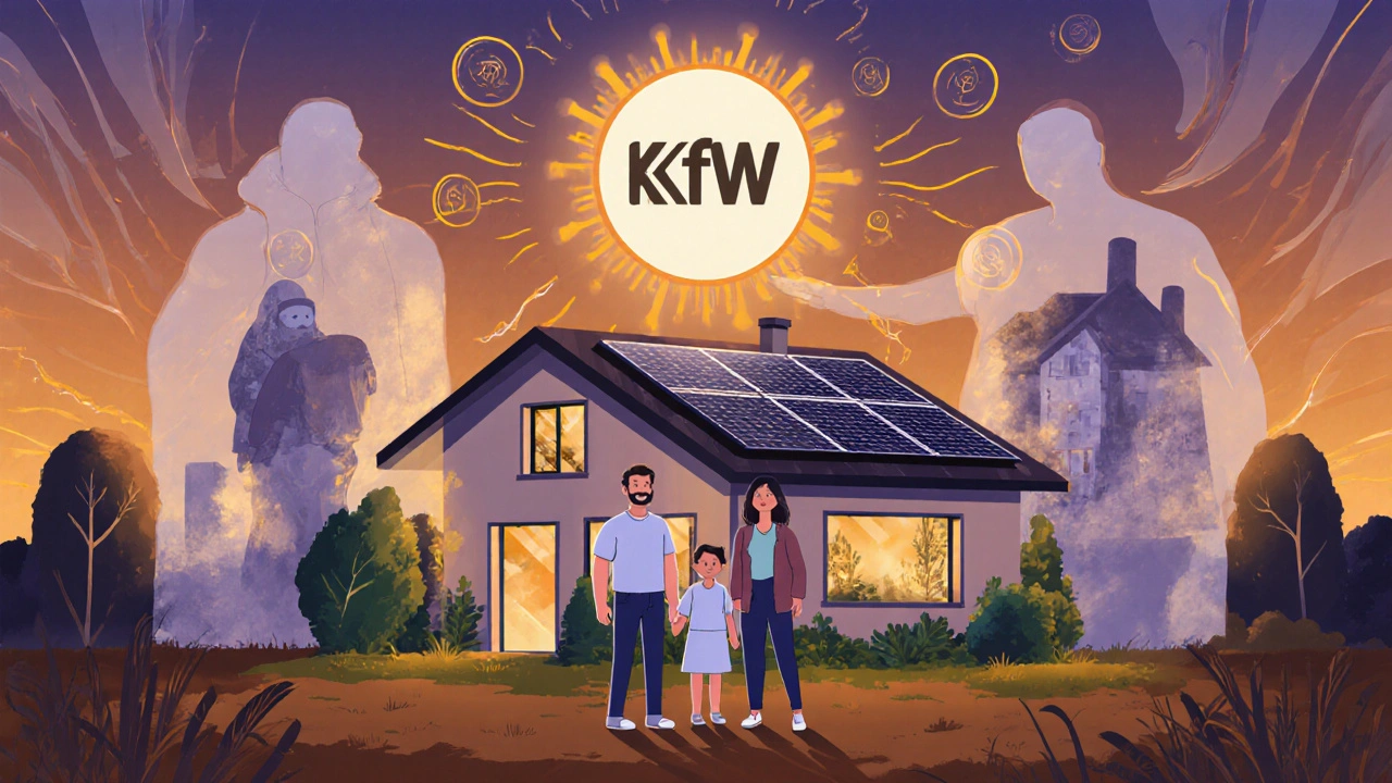 Eine Familie steht vor ihrem energieeffizienten Haus, während vergangene Probleme in den Boden sinken.