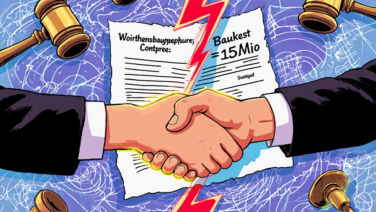 Vertrag teilt sich in Kaufpreis und Baukosten, mit warnenden Blitzen und juristischen Symbolen im Hintergrund.