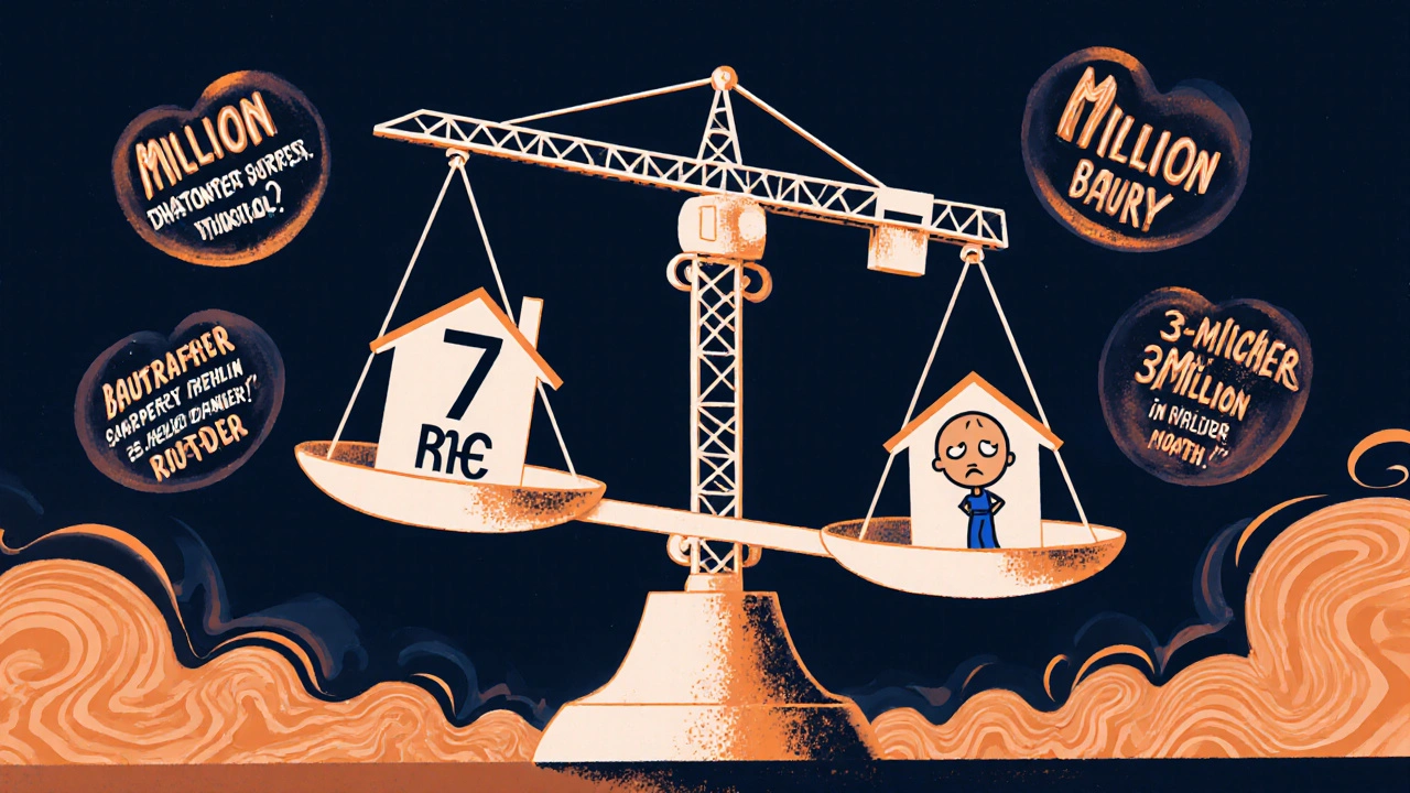 Waage mit Baustellenkran und Haus symbolisiert die Grenze zwischen Grundstücksverkauf und Bauauftrag.