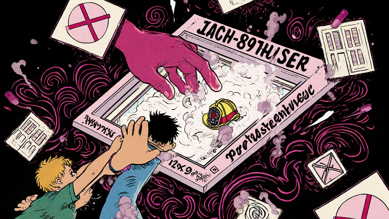 Ein Dachfenster wird von innen geöffnet, Rauch wirbelt umher, ein Feuerwehrmann ist in der Ferne zu sehen.