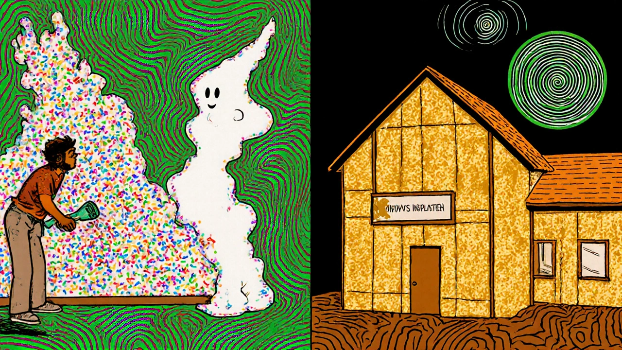 Ein Heimwerker füllt Dämmmaterial in eine Wand, während Schimmel aufsteigt und eine Lüftungsanlage im Hintergrund schwebt.