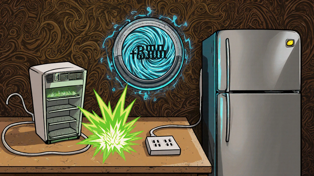 Eine alte Kühlschrank mit Energielecks neben einem modernen, energieeffizienten Modell mit smarten Steckdosen.