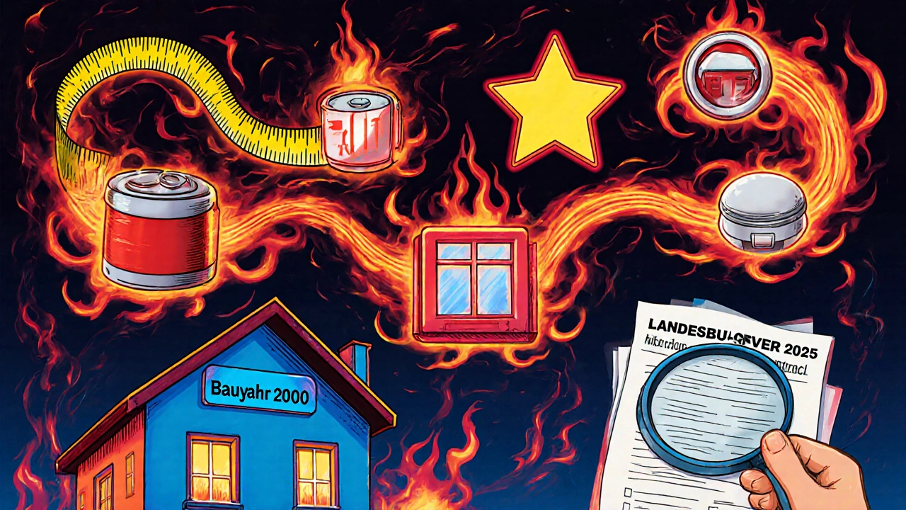 Eine visuelle Checkliste mit Messband, Batterie und Fenster als schwebende Symbole über einem Haus, umgeben von psychedelischen Flammen.