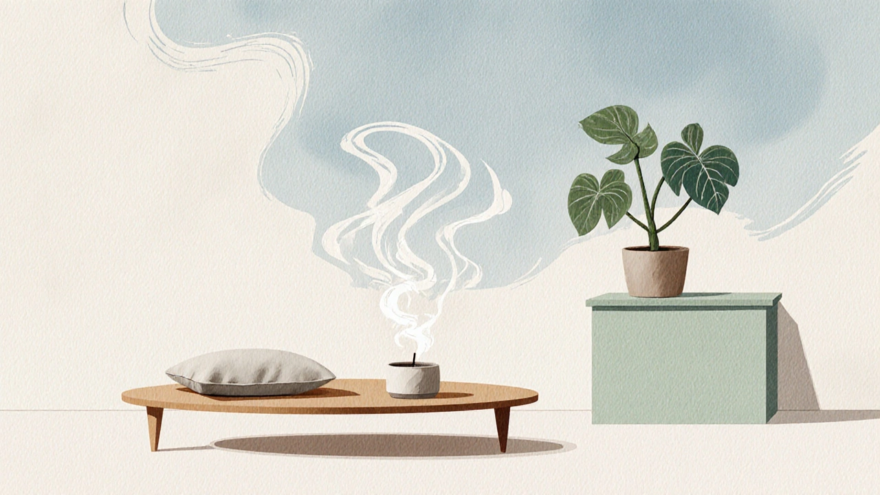 Japandi-Inspiration mit niedrigem Tisch, Pflanze und Kerze in sanften Farben, dargestellt als ruhige, fließende Illustration.