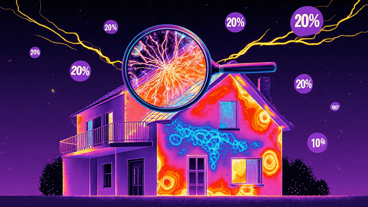 Thermografie-Bild mit heißen roten Stellen an Wärmebrücken und kühlen blauen Bereichen, illustriert als psychedelisches Muster.