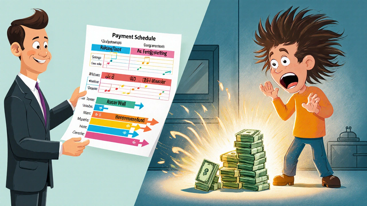 Aufgeteilter Zahlungsplan neben chaotischem Geldhaufen mit schützender Reserven-Geheimnis