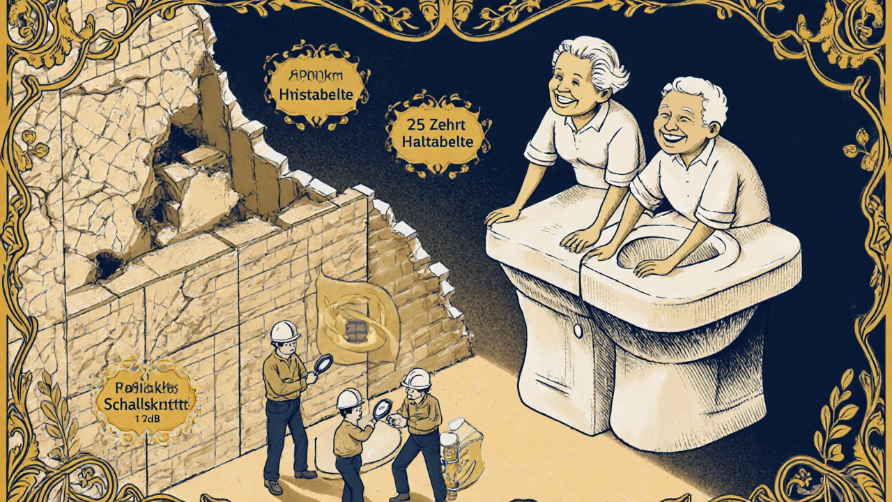 Comparison of old crumbling wall versus modern sanitary wall with floating users and structural labels.