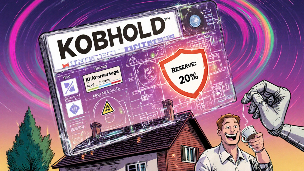 Digitales Dashboard mit Reserve-Schild über altem Haus, KI-Warnung in psychedelischem Stil