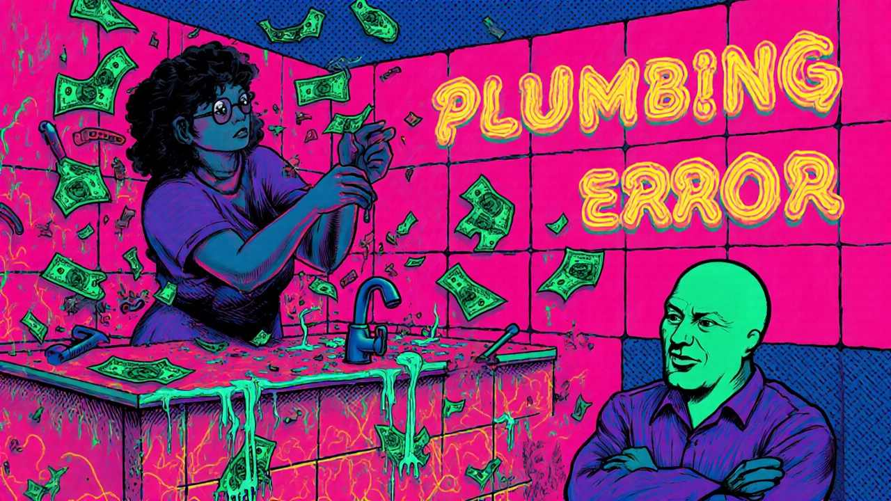 Ein chaotisches Badezimmer mit leckenden Rohren und schwebenden Werkzeugen, ein verzweifelter Heimwerker im Zentrum.