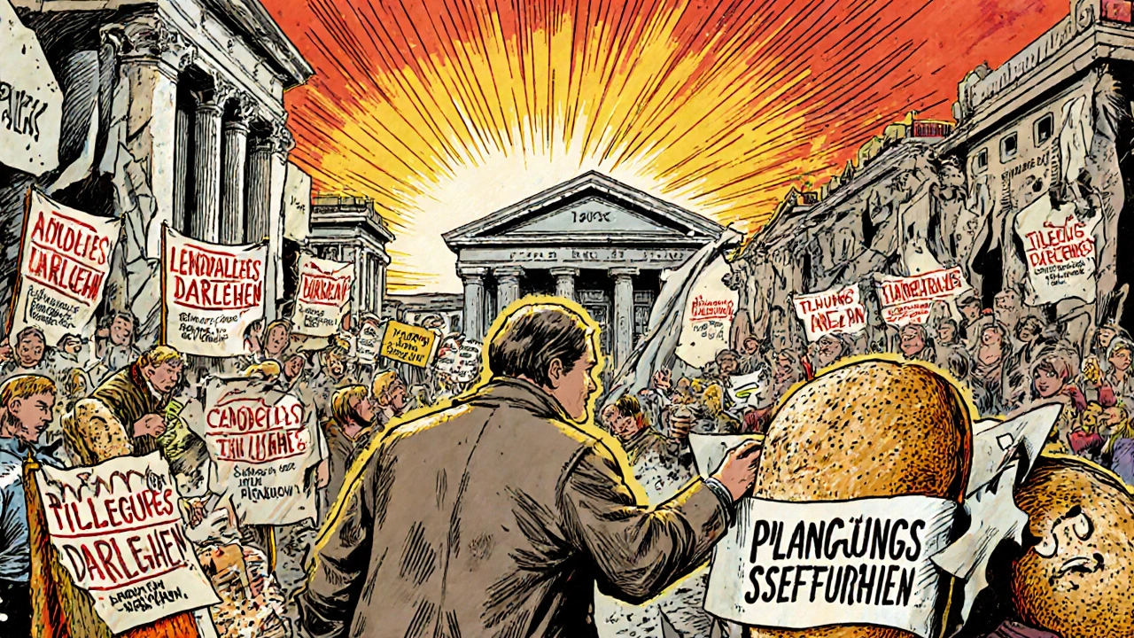 Ein Markt mit falschen Finanzangeboten und einer Person, die sich für Sicherheit entscheidet.