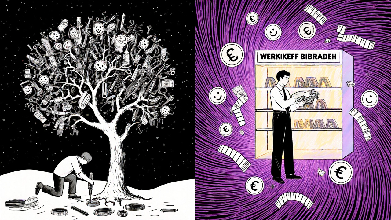 Ein Splitbild: links ein Heimwerker mit wachsenden Werkzeugen, rechts ein Profi in einer Werkzeugbibliothek.