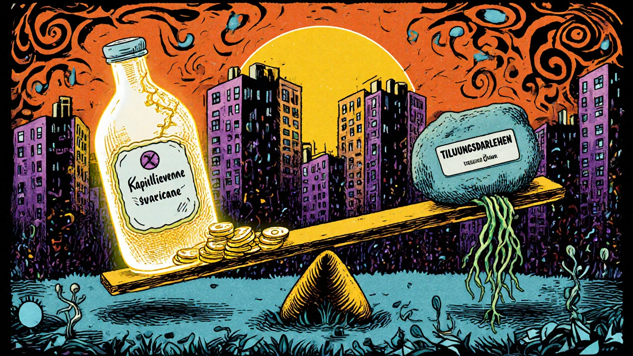 Eine Waage mit einer brüchigen Versicherung auf der einen und einem stabilen Tilgungsdarlehen auf der anderen Seite.