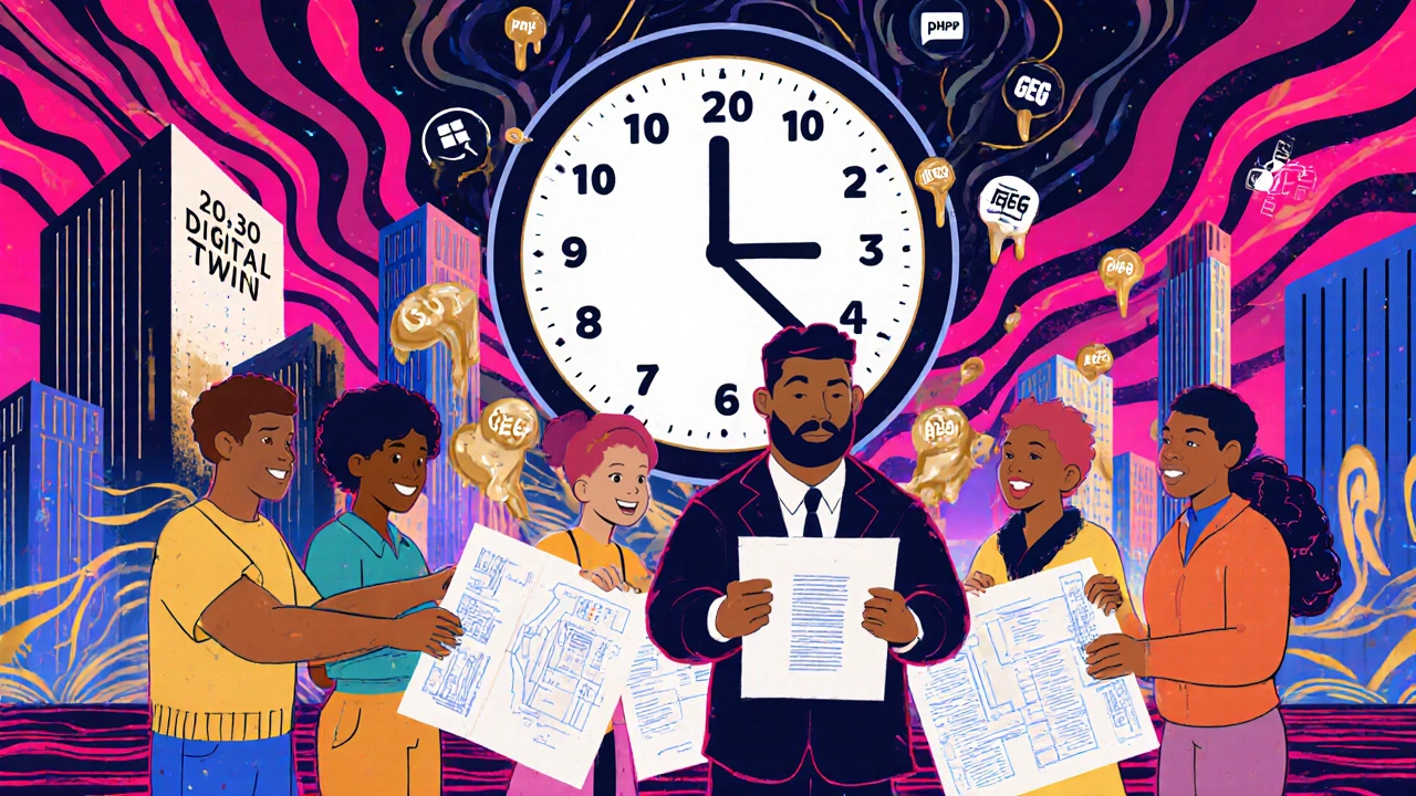 Energieberater empfängt Bauherren mit digitalen Förder-Icons und einem Hintergrund der digitalen Zukunft.