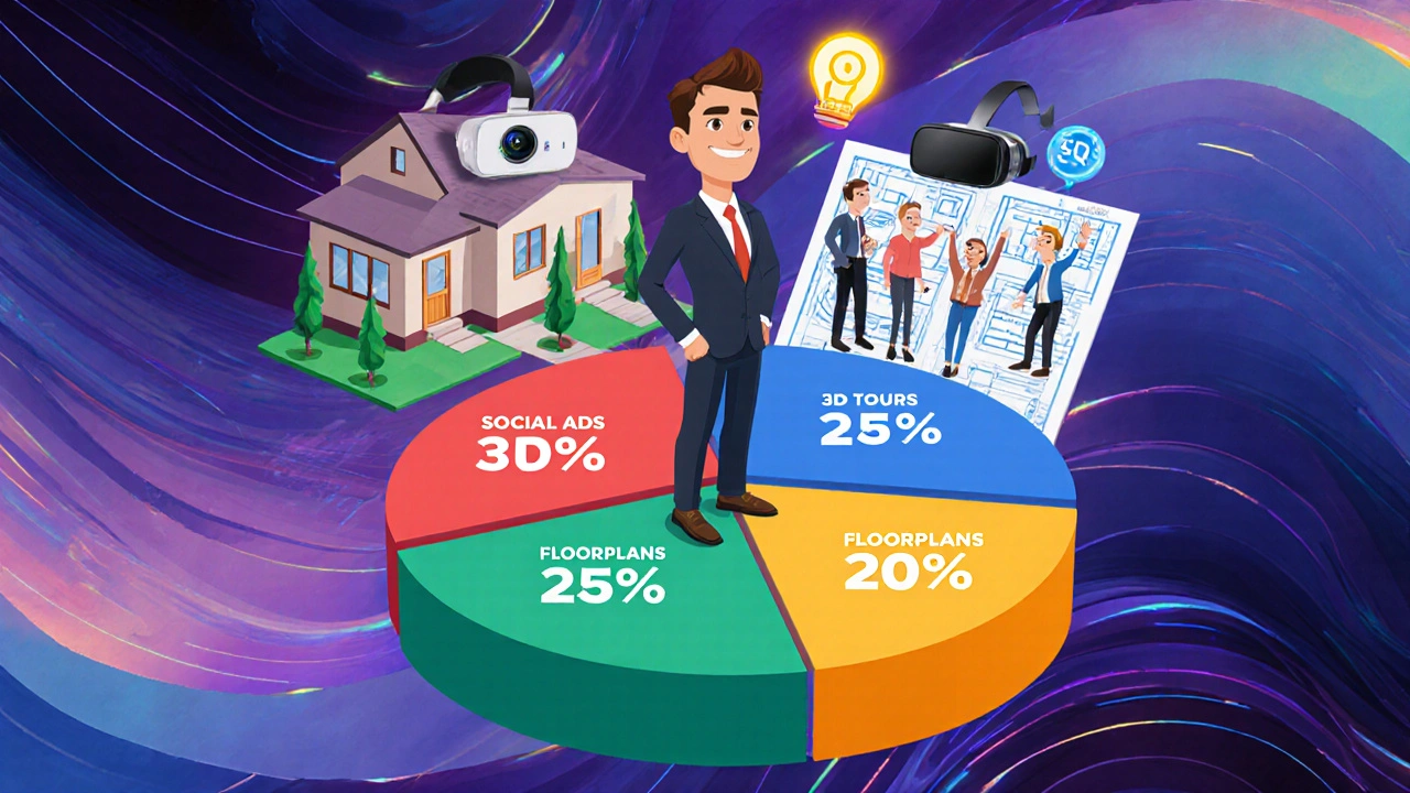 Real estate agent standing on a colorful budget pie chart with digital marketing tools transforming around them.