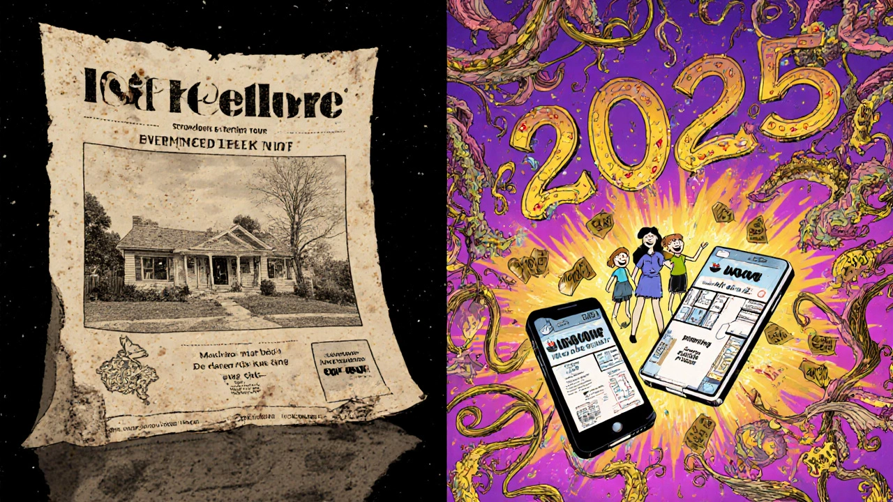 Split scene: old flyer vs. vibrant digital home tour with glowing floorplans and social leads in psychedelic art style.