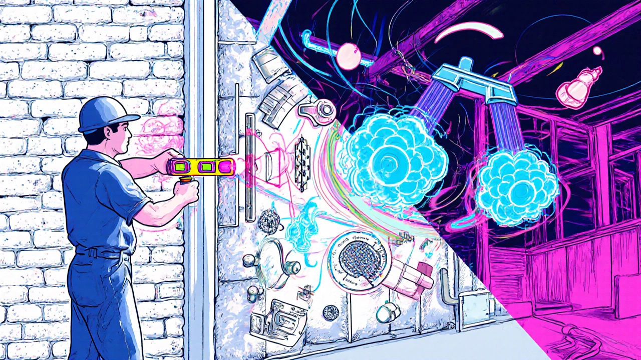 Step-by-step installation scene with laser level, steel profiles, and mineral wool in swirling psychedelic style.