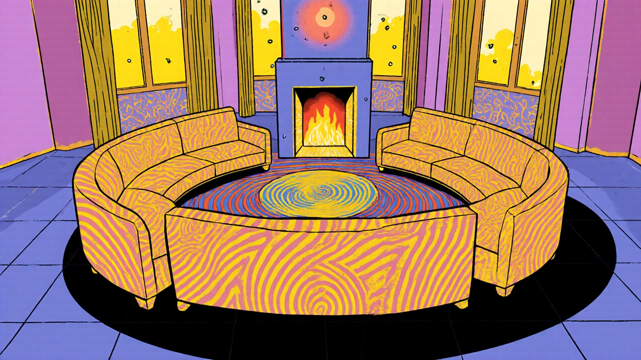 U-förmiges Sofa als Gesprächsinsel um einen Kamin, umgeben von wellenförmigen, bunt verflechtenden Linien.