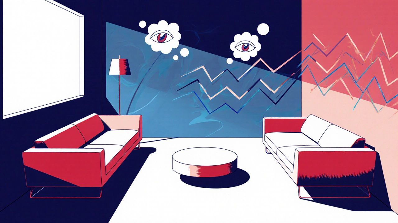 Zwei einander gegenüberliegende Sofas in einem langen Raum, mit Tisch dazwischen und fließenden, psychedelischen Linien zwischen ihnen.