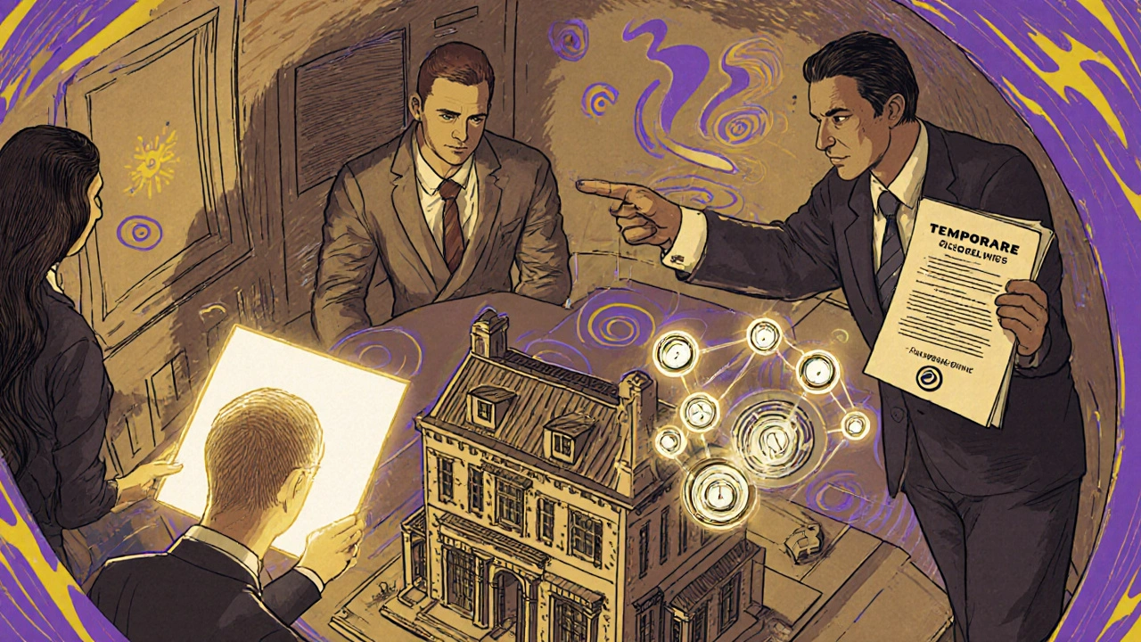 Architekten und Denkmalpfleger diskutieren ein innovatives Brandschutzkonzept über einem Modell eines alten Hauses, umgeben von leuchtenden Symbolen.