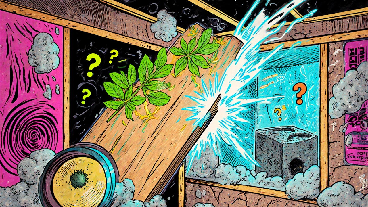 Battle inside a wall between natural and synthetic insulation materials, with mold and shrinking foam.