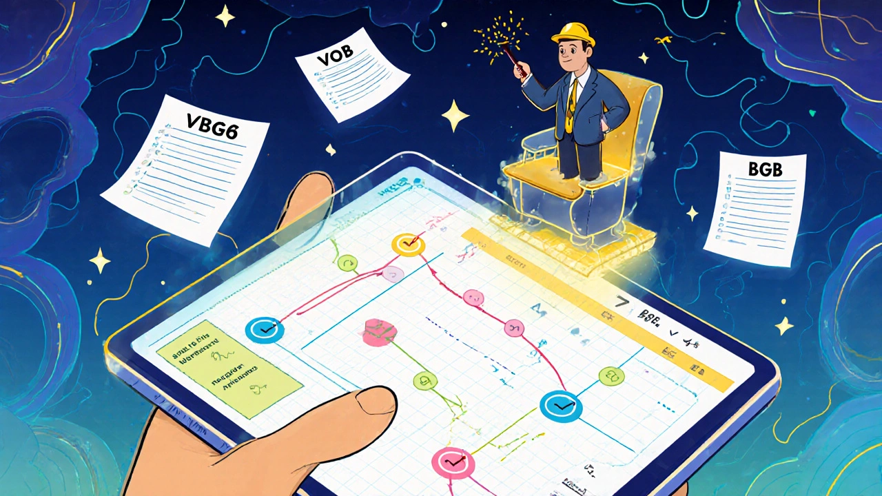 Bauherr mit digitalem Gantt-Chart und Projektsteuerer über der Baustelle, VOB-Dokumente schweben um sie herum.