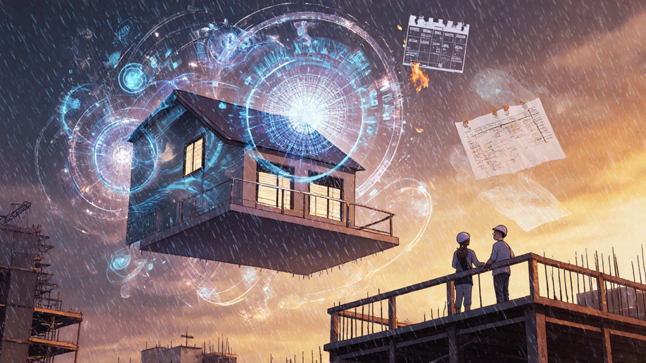 Digitaler Zwillingsbau mit KI-Prognosen über echter Baustelle, Familie beobachtet ruhig, alte Pläne verbrennen.