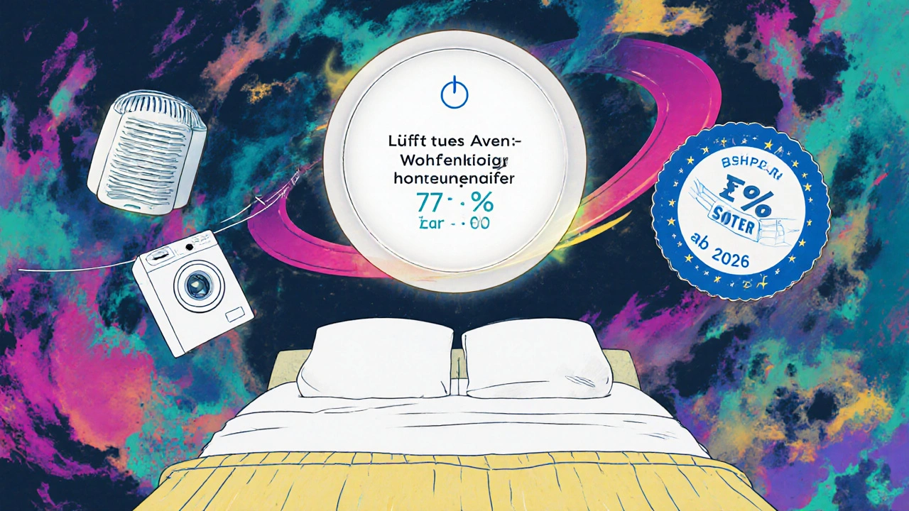 Ein KI-Sensor projiziert eine Luftfeuchtigkeitsvorhersage in einem Schlafzimmer, umgeben von Smart-Home-Symbolen in psychedelischen Mustern.