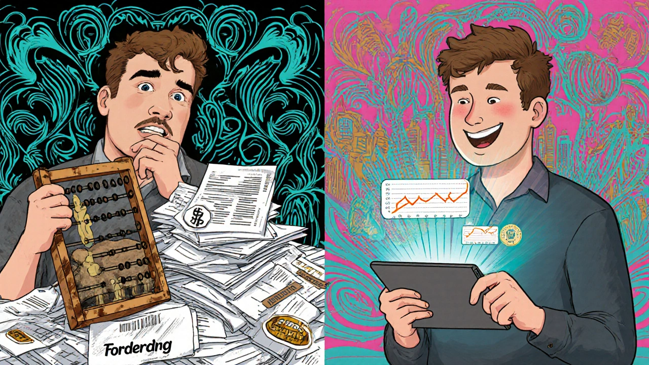 Ein Mann vergleicht veraltete Papierdokumente mit einem digitalen Sanierungsplan, der Energieeinsparungen zeigt.