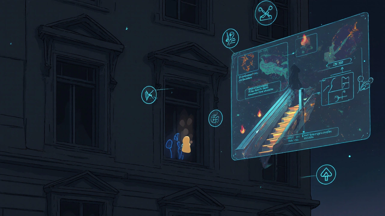 Ein verlassenes denkmalgeschütztes Haus mit digitaler Brandschutzüberwachung und einer sanft leuchtenden Fluchtwegbeleuchtung im Dunkeln.