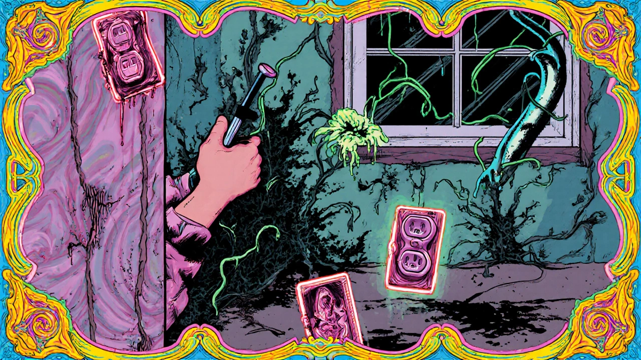 Fehlerhafte Dampfsperre mit Schimmel und undichten Anschlüssen in einer bunt verfremdeten Illustration.