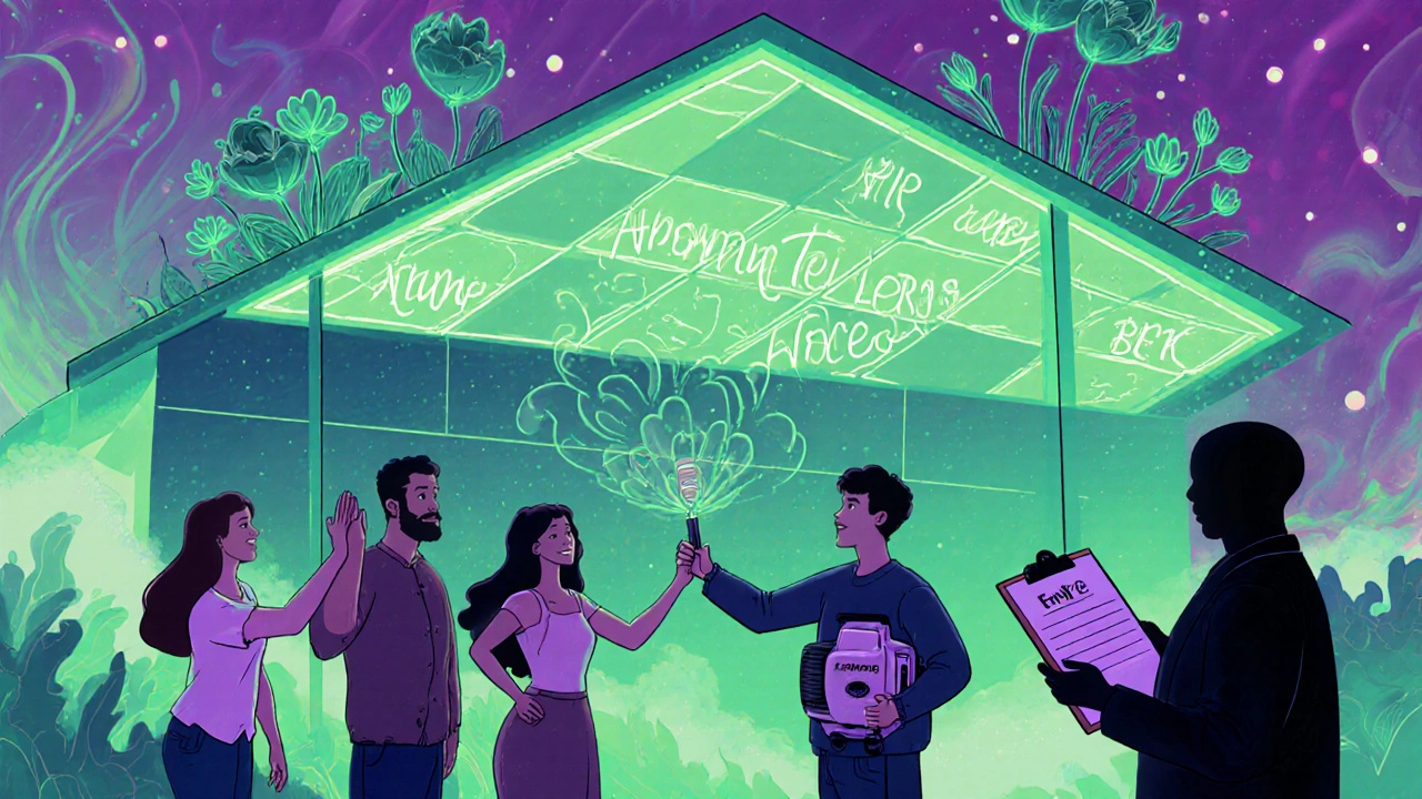 Futuristic German home with glowing Bio-PIR insulation and smart sensors, people celebrating proper installation.