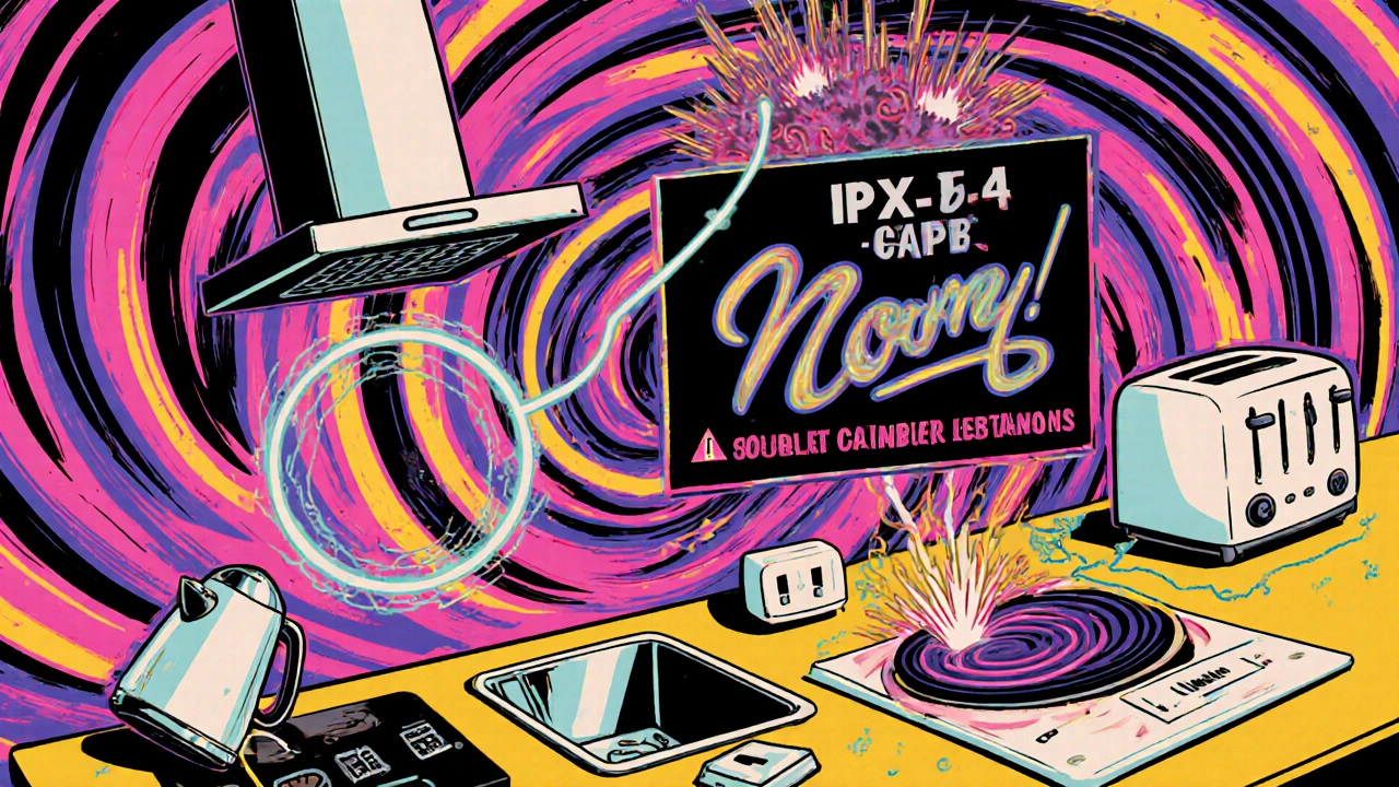 Küche mit Sicherheitsabständen, IPX4-Geräten und sechs Steckdosen in psychedelischer 60er-Jahre-Illustration.