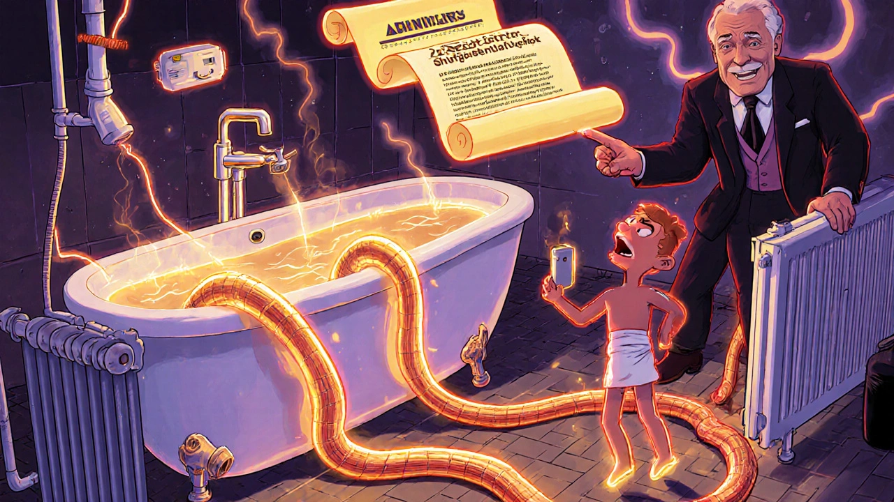 Kupferner Potentialausgleich als schlangenartiges Lichtband im Bad, während ein Mann unsichere USB-Ladestation berührt.