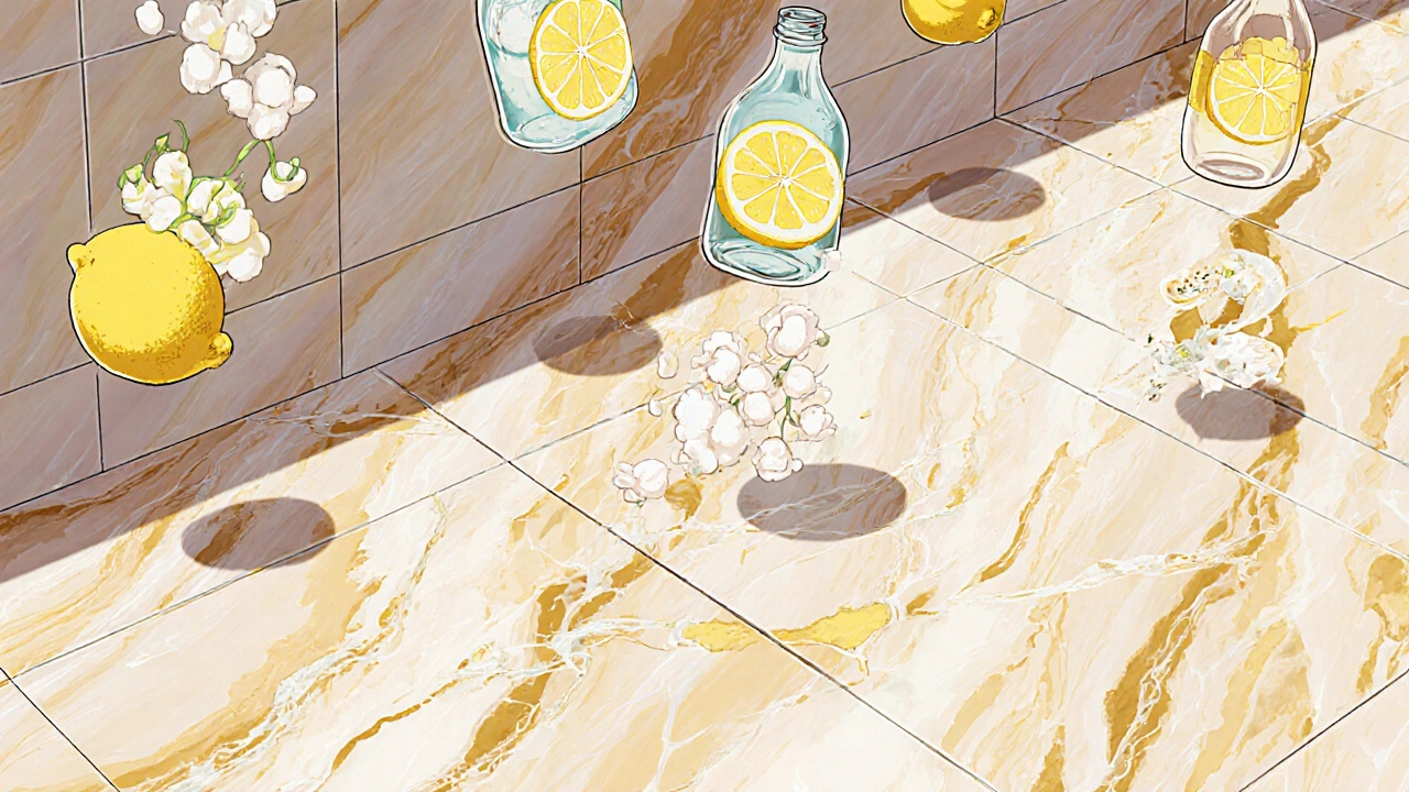 Marmorboden mit Zitronen und Essig, die Ätzungen wie Blüten verursachen, in traumhaften Farben.
