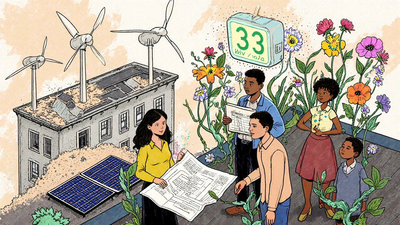 Menschen auf einem Dach, die eine sanierete alte Wohnung mit niedrigem Energiebedarf feiern, während ein neues Haus in Staub zerfällt.