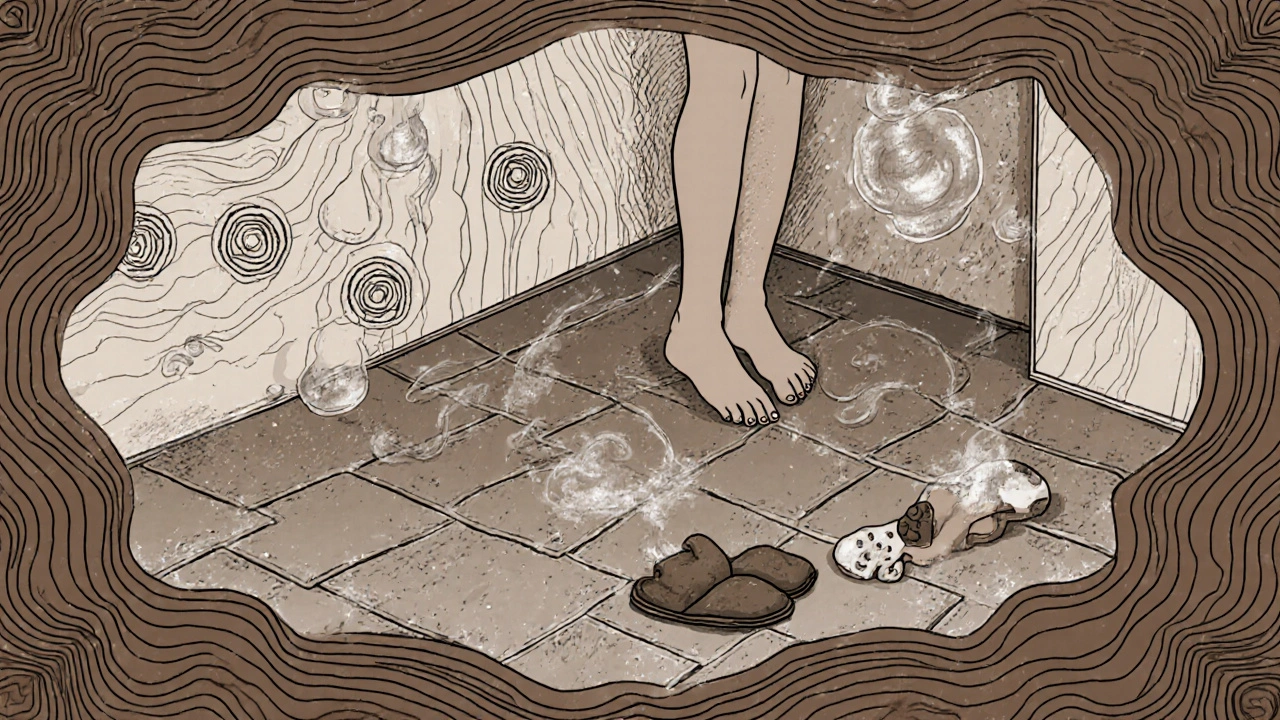 Schieferboden im Bad mit Fußabdrücken und Dampf, in warmen, organischen Farben dargestellt.