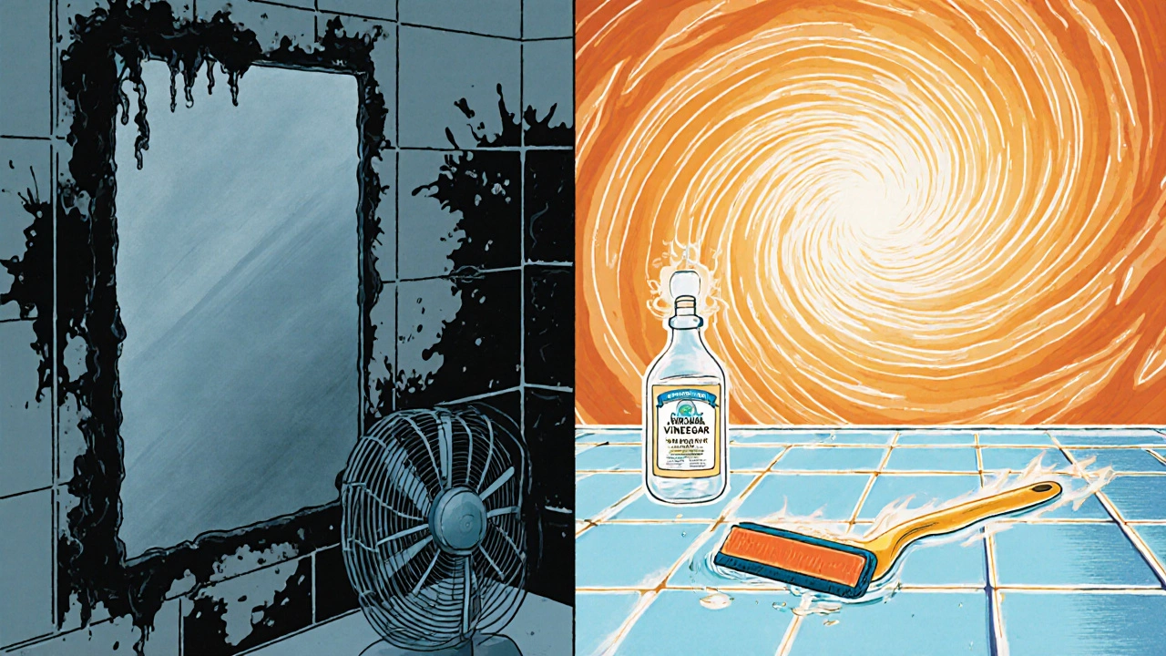 Vergleich: links schimmeliger, dunstiger Badbereich, rechts glänzende Fliesen mit Abzieher und Hygrometer, umgeben von Luftströmen in psychedelischem Stil.