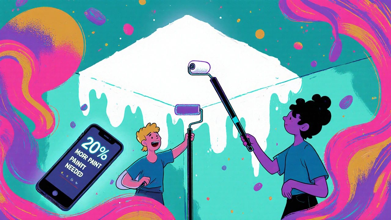 Zwei Personen streichen gemeinsam eine Wand mit Nass-in-Nass-Technik, eine kleine Rolle in der Ecke.